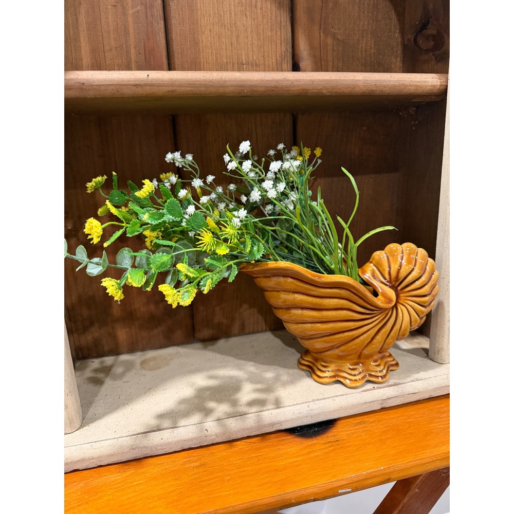 Vintage Ceramic Nautilus Shell Planter Yellow Glaze Conch Shell Vase Coastal